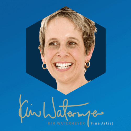 Kim Watermeyer portrait with logo on blue background