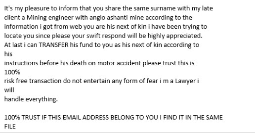 A fake inheritance phishing email