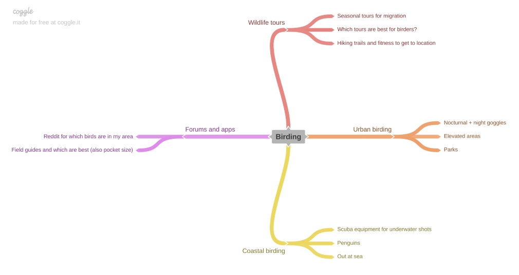 A mind map showing birding and related ideas