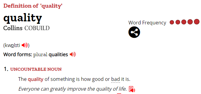An image showing the definition of quality from the dictionary