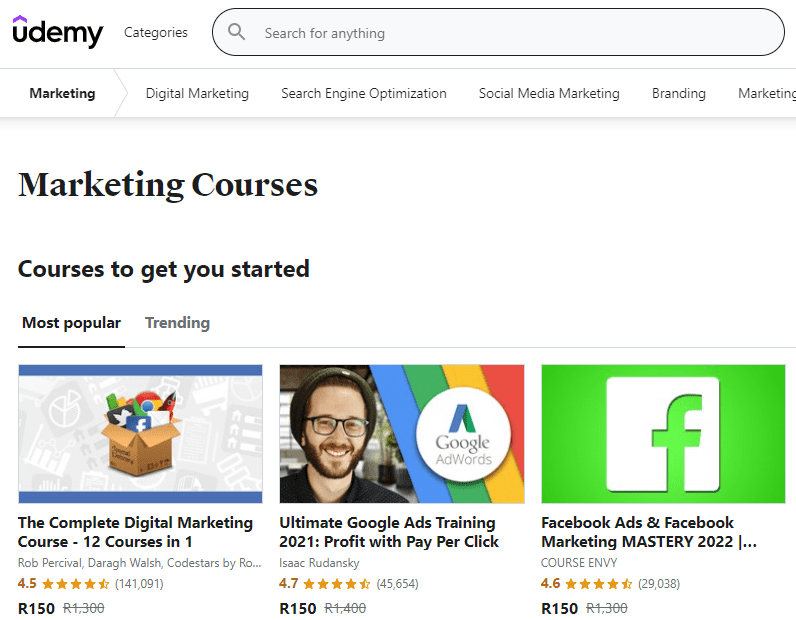 The front page of Udemy showing what courses are available