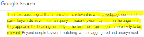 Google mentioning the importance of using keywords in your content