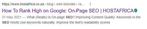 Our on-page blog in Google search showing the meta description, URL, and title tag