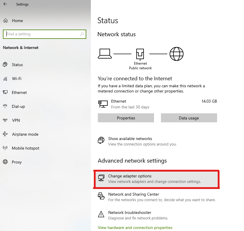 Windows network setting window