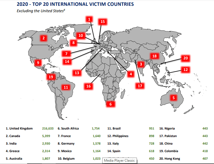 An FBI map revealing the countries with the most reported cybercrime victims