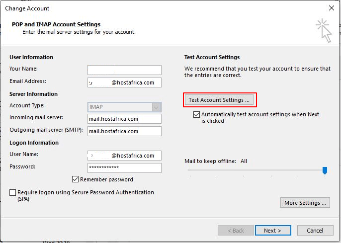 Outlook test account settings