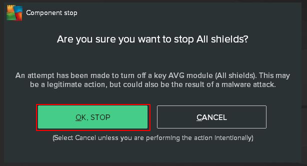 AVG component stop OK, STOP