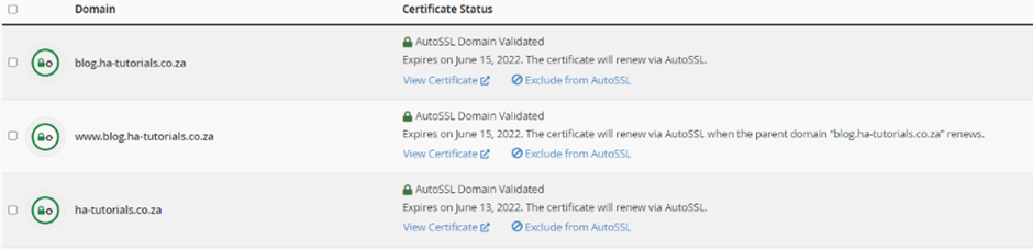 Domains that have AutoSSL enabled in cPanel