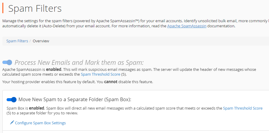 Spam Filters setting page in cPanel