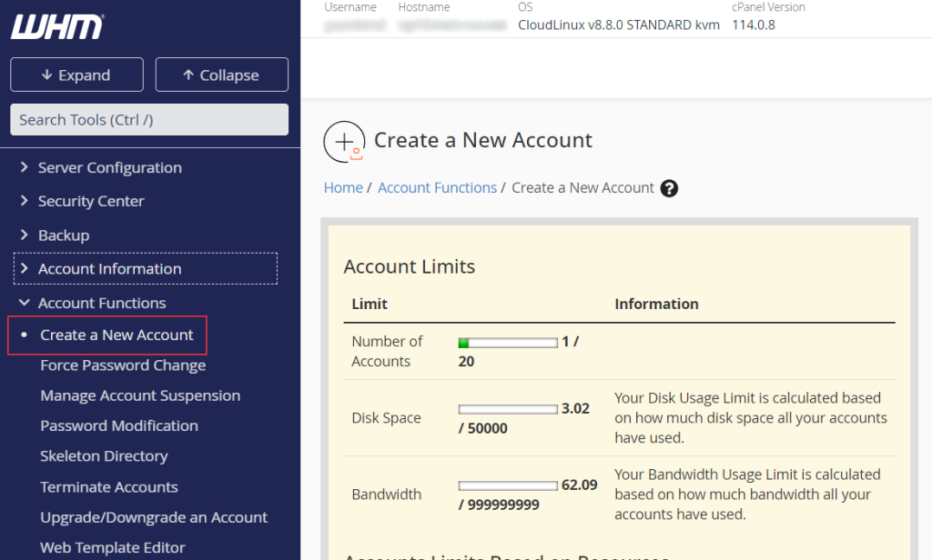 Create a New Account Dashboard WHM