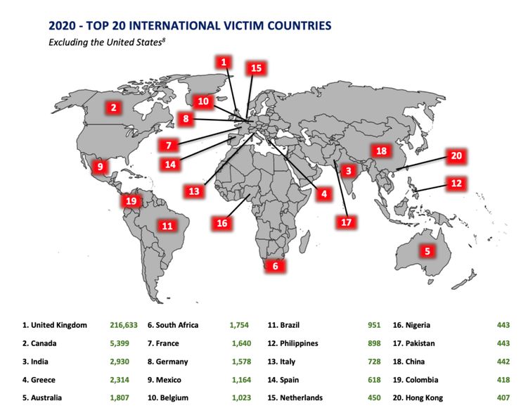 An FBI map revealing the countries with the most reported cybercrime victims